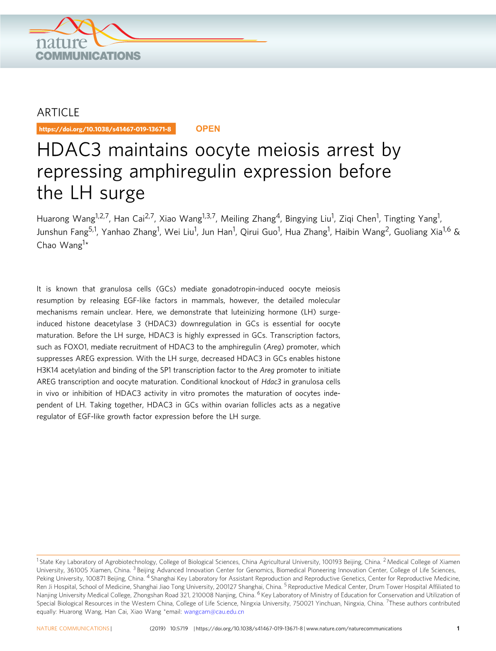 HDAC3 Maintains Oocyte Meiosis Arrest by Repressing Amphiregulin Expression Before the LH Surge
