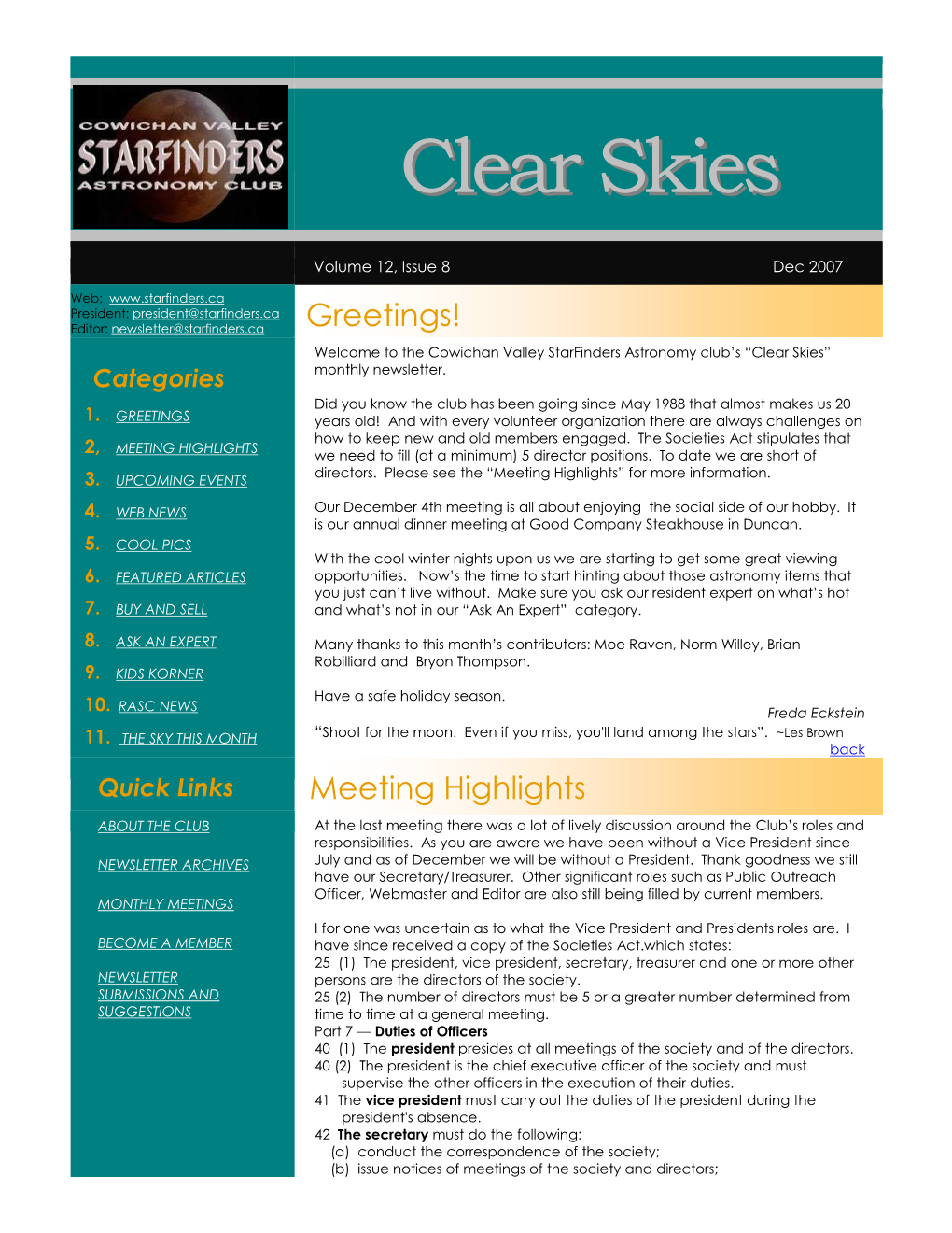 Clear Skies” Monthly Newsletter