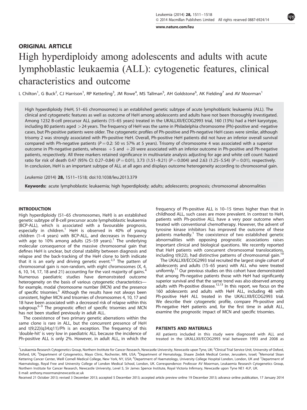 High Hyperdiploidy Among Adolescents and Adults with Acute Lymphoblastic Leukaemia (ALL): Cytogenetic Features, Clinical Characteristics and Outcome