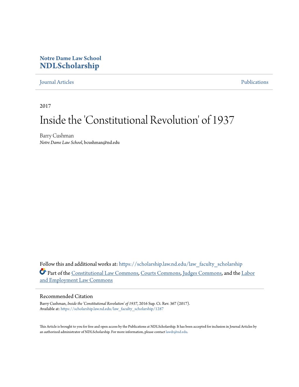 'Constitutional Revolution' of 1937 Barry Cushman Notre Dame Law School, Bcushman@Nd.Edu