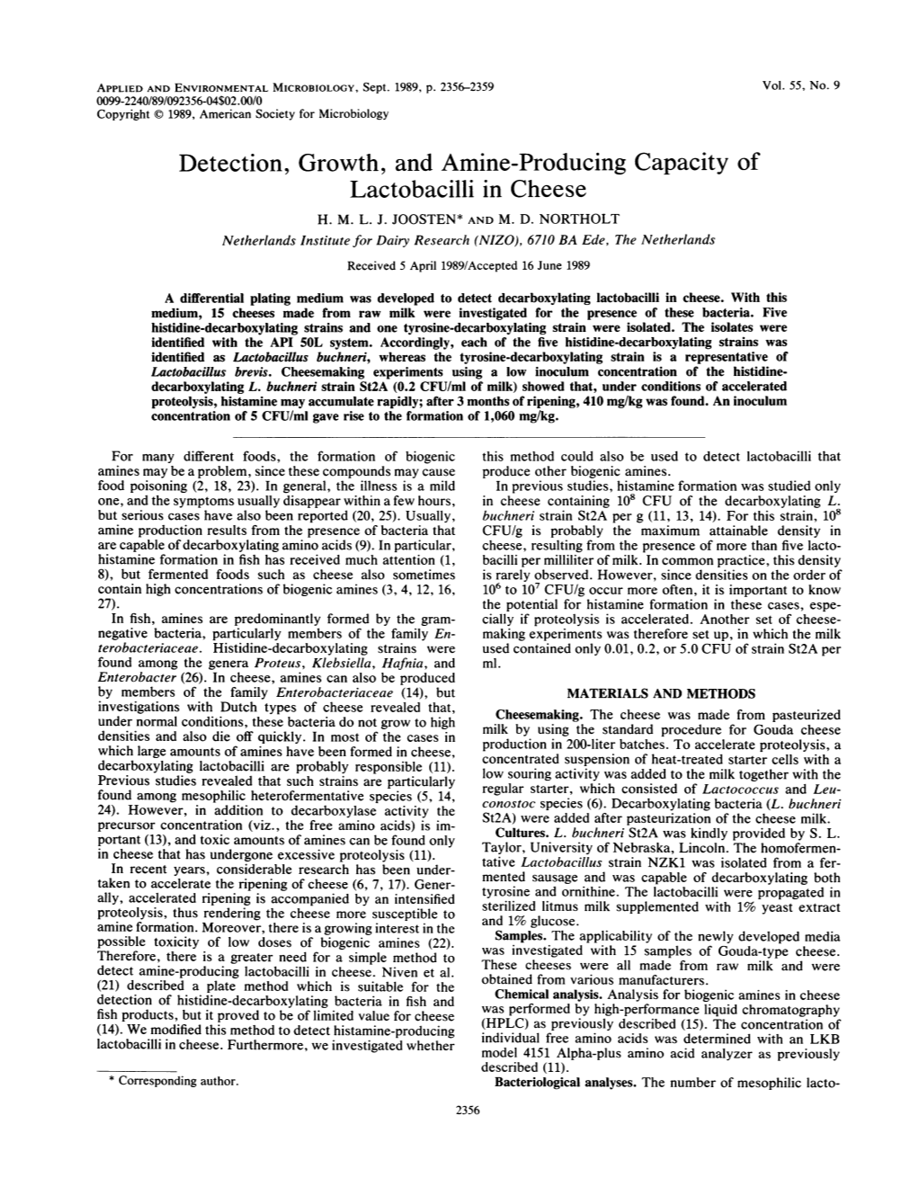 Detection, Growth, and Amine-Producing Capacity of Lactobacilli in Cheese H