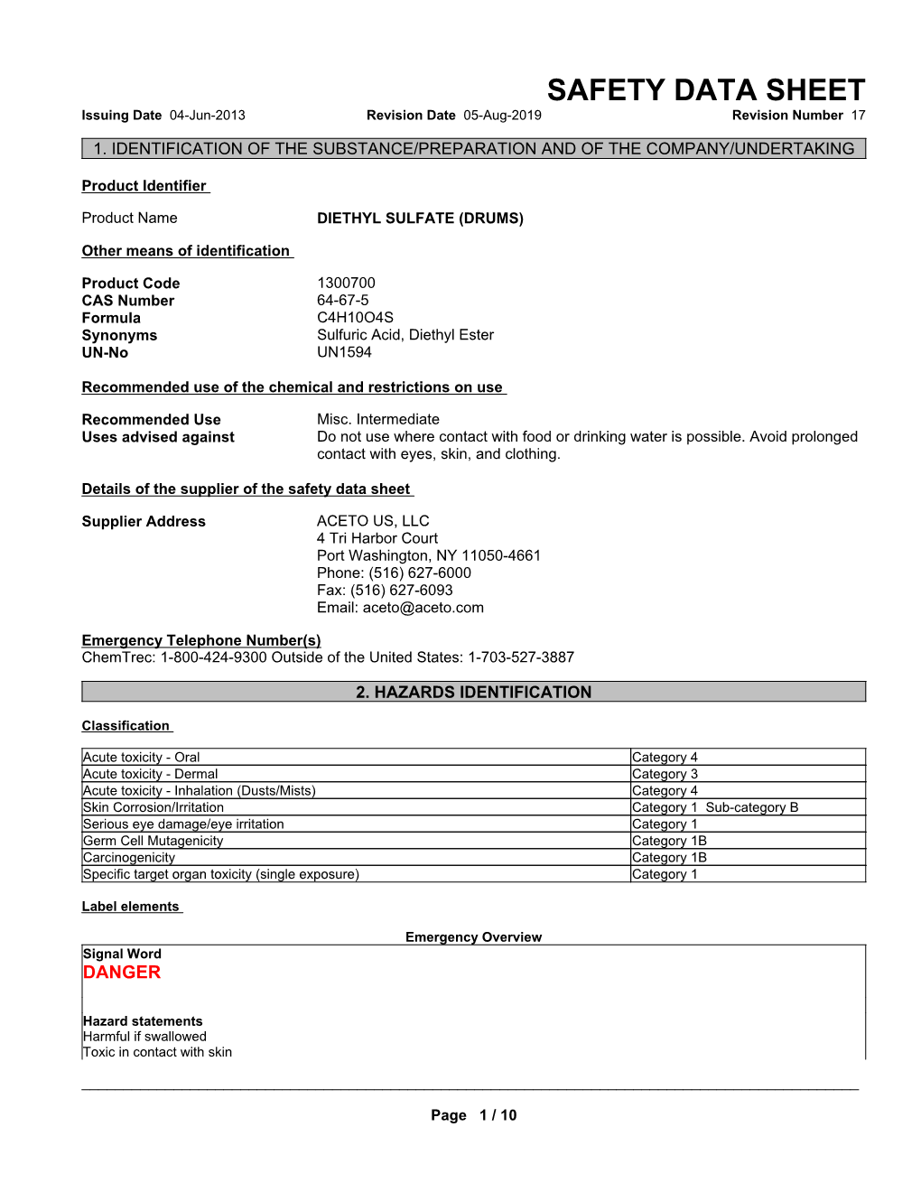 SAFETY DATA SHEET Issuing Date 04-Jun-2013 Revision Date 05-Aug-2019 Revision Number 17