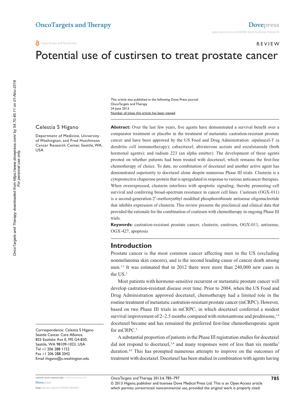 Potential Use of Custirsen to Treat Prostate Cancer