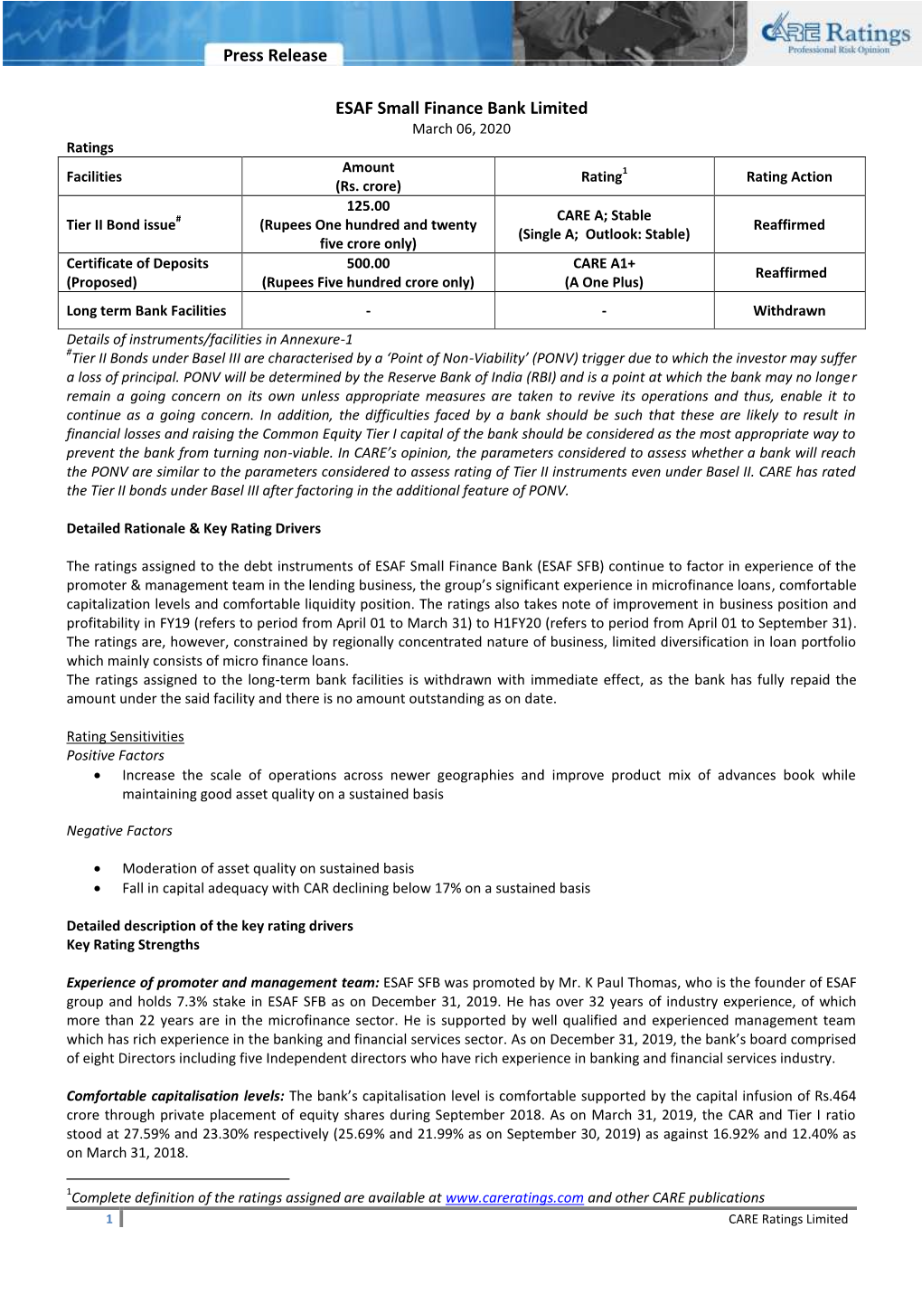 Press Release ESAF Small Finance Bank Limited