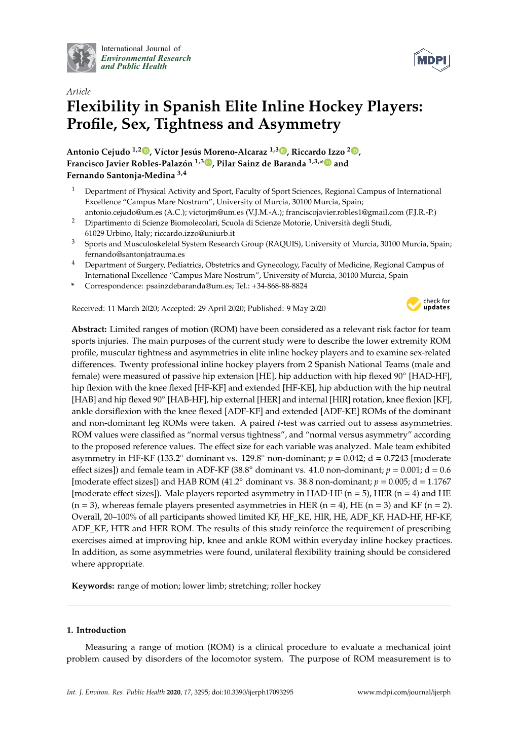 Flexibility in Spanish Elite Inline Hockey Players: Profile, Sex, Tightness and Asymmetry