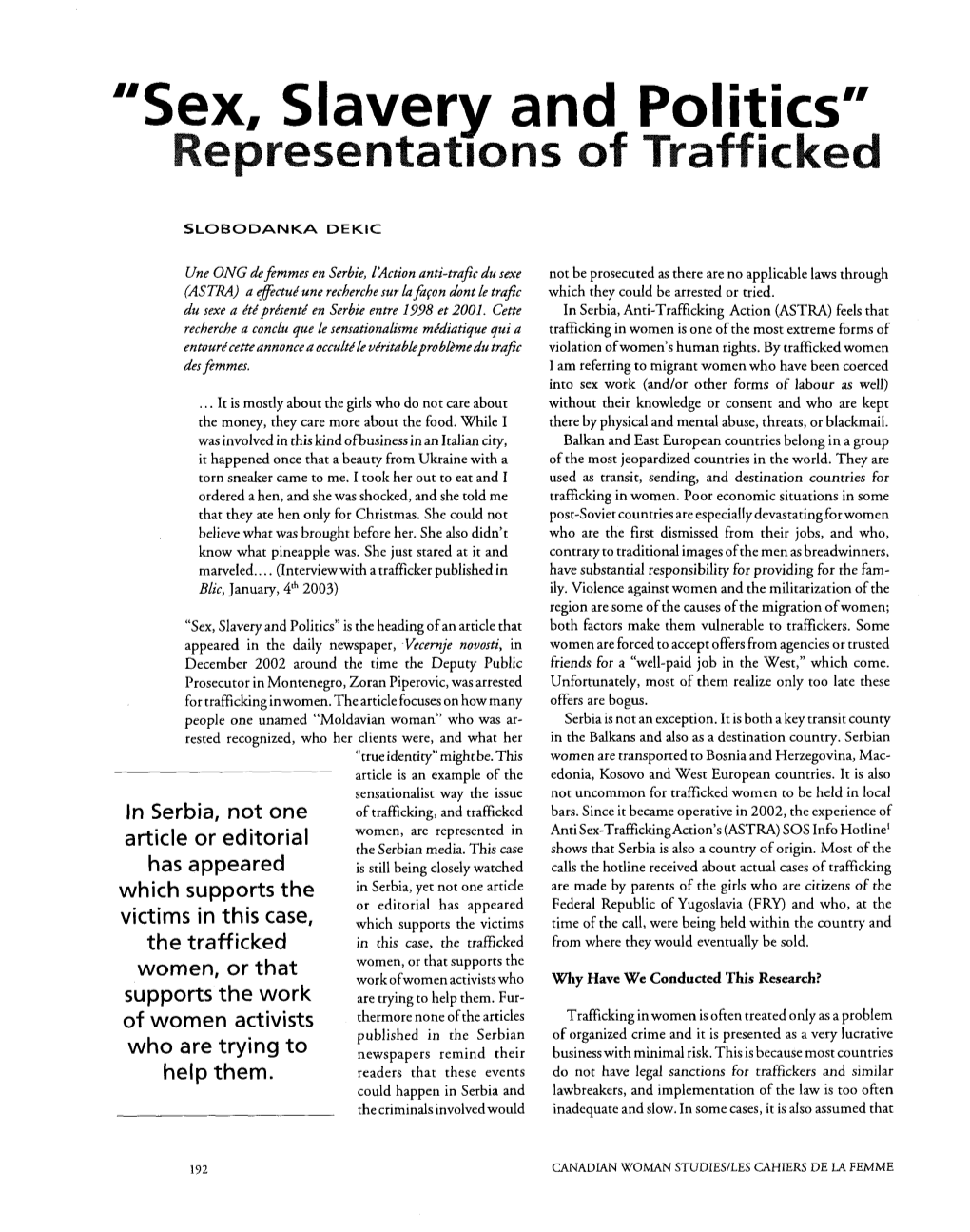 "Sex, Slavery and Politics" Representat~Onsof Trafficked