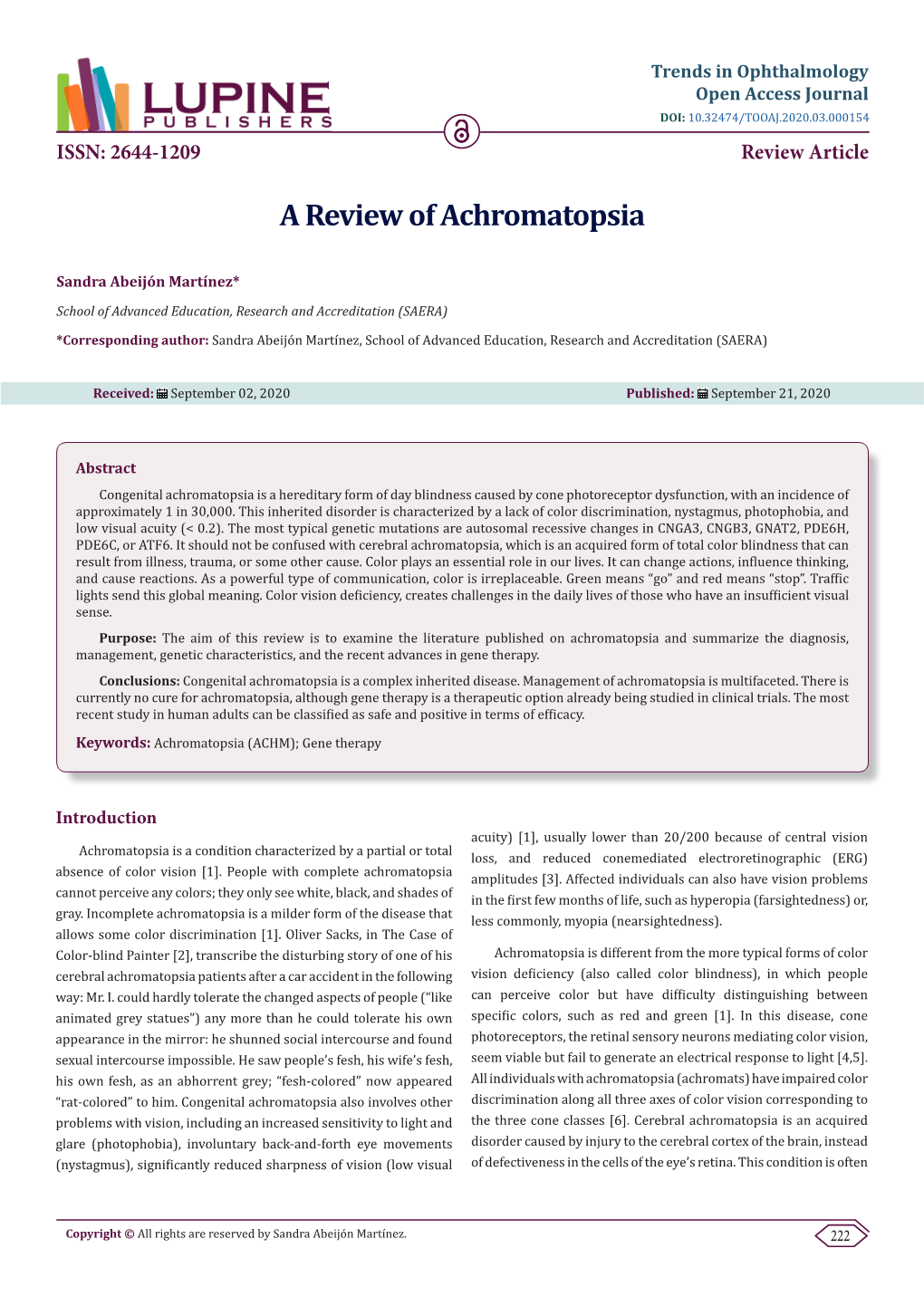 A Review of Achromatopsia