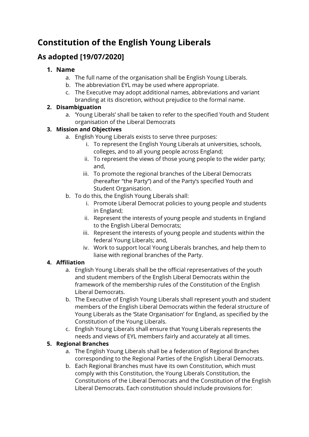 Constitution of the English Young Liberals As Adopted [19/07/2020] 1