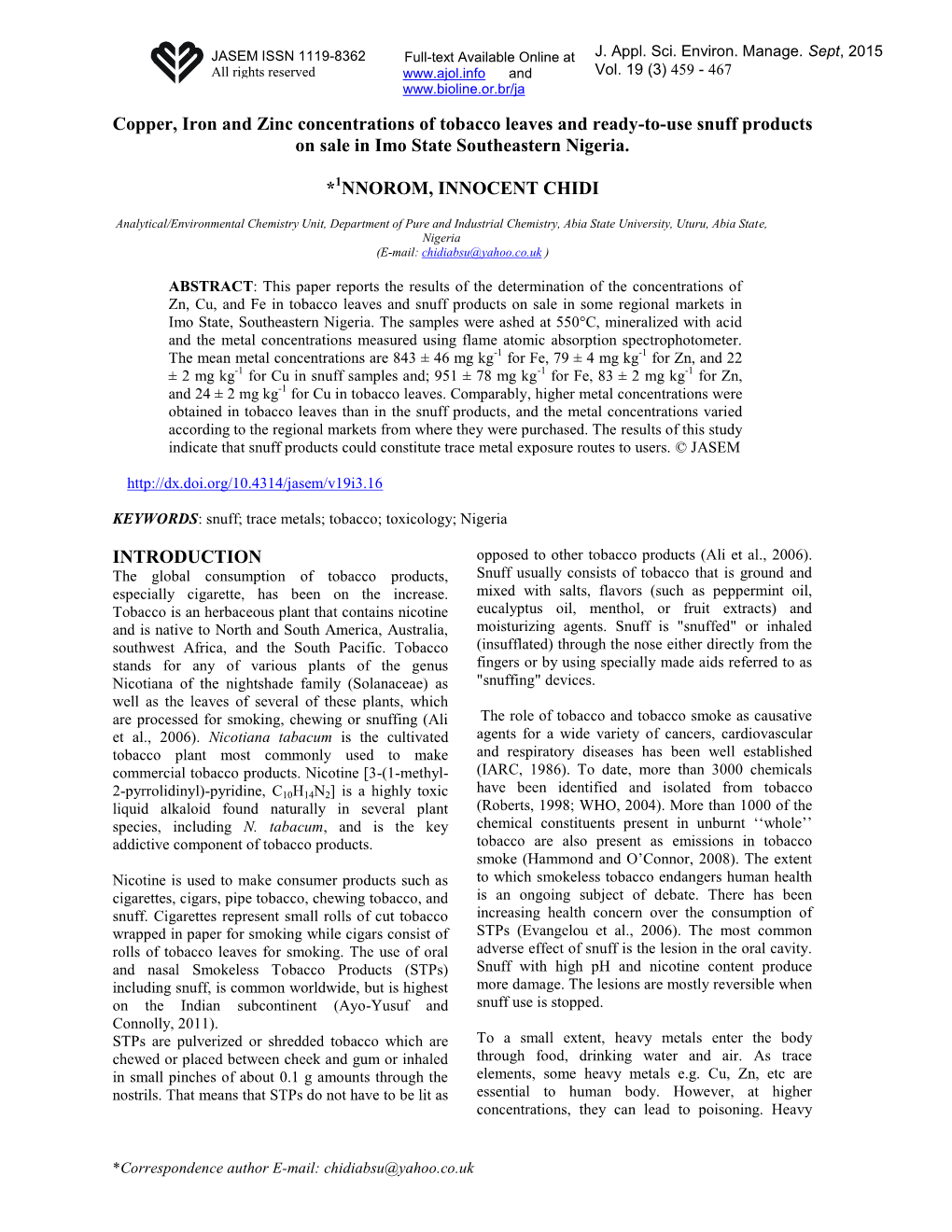 Determination of Fe, Zn, and Cu Concentrations in Tobacco Leaves