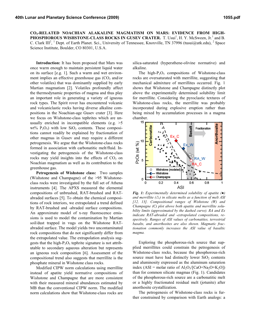 CO2-RELATED NOACHIAN ALAKALINE MAGMATISM on MARS: EVIDENCE from HIGH- PHOSPHOROUS WISHSTONE-CLASS ROCKS in GUSEV CRATER. T. Usui1, H