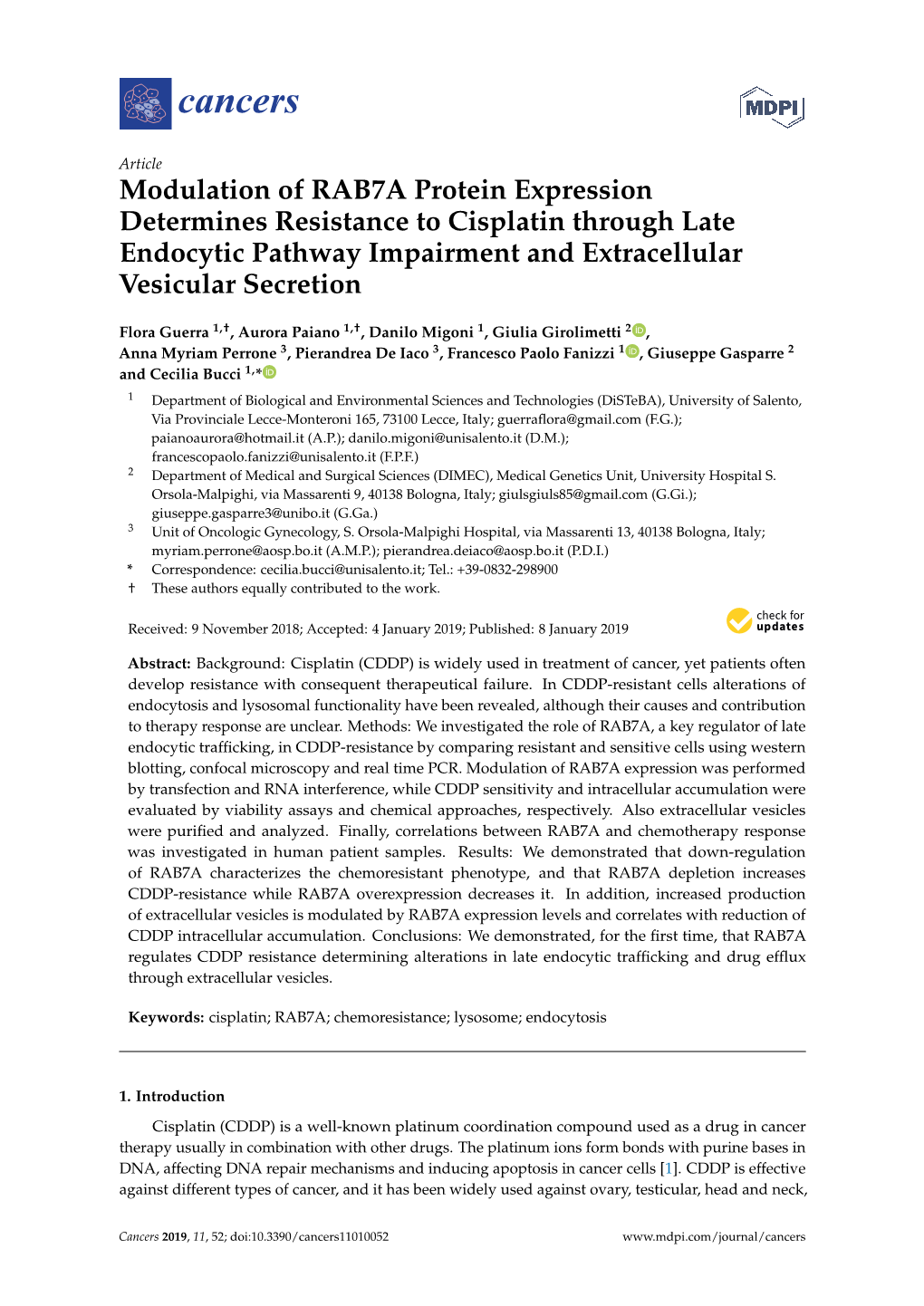 Modulation of RAB7A Protein Expression Determines Resistance to Cisplatin Through Late Endocytic Pathway Impairment and Extracellular Vesicular Secretion