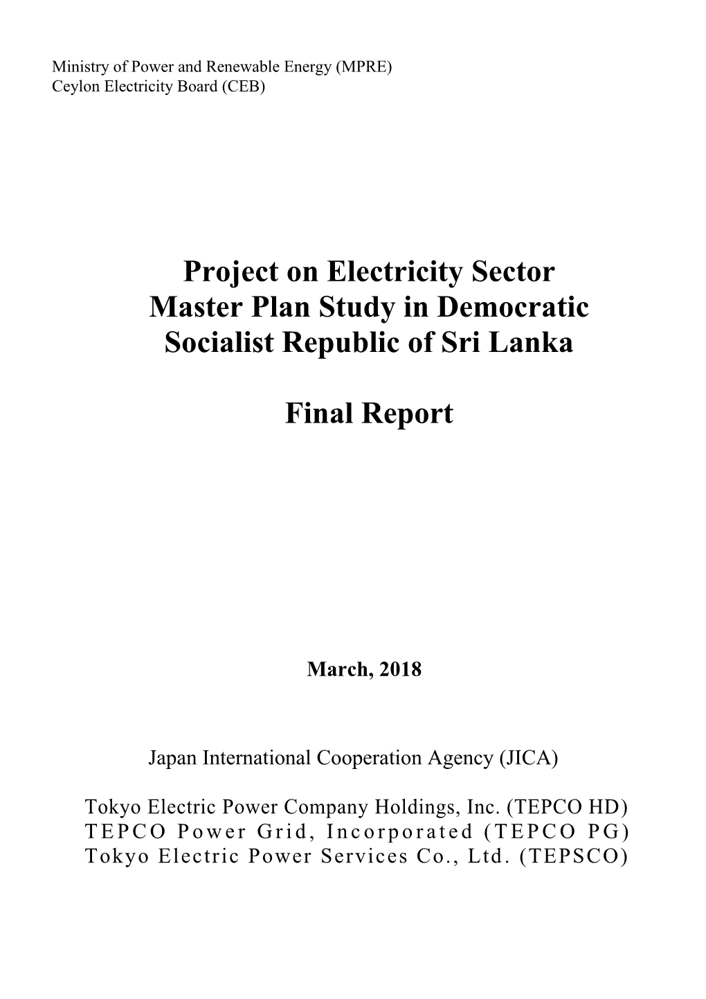 Project on Electricity Sector Master Plan Study in Democratic Socialist Republic of Sri Lanka