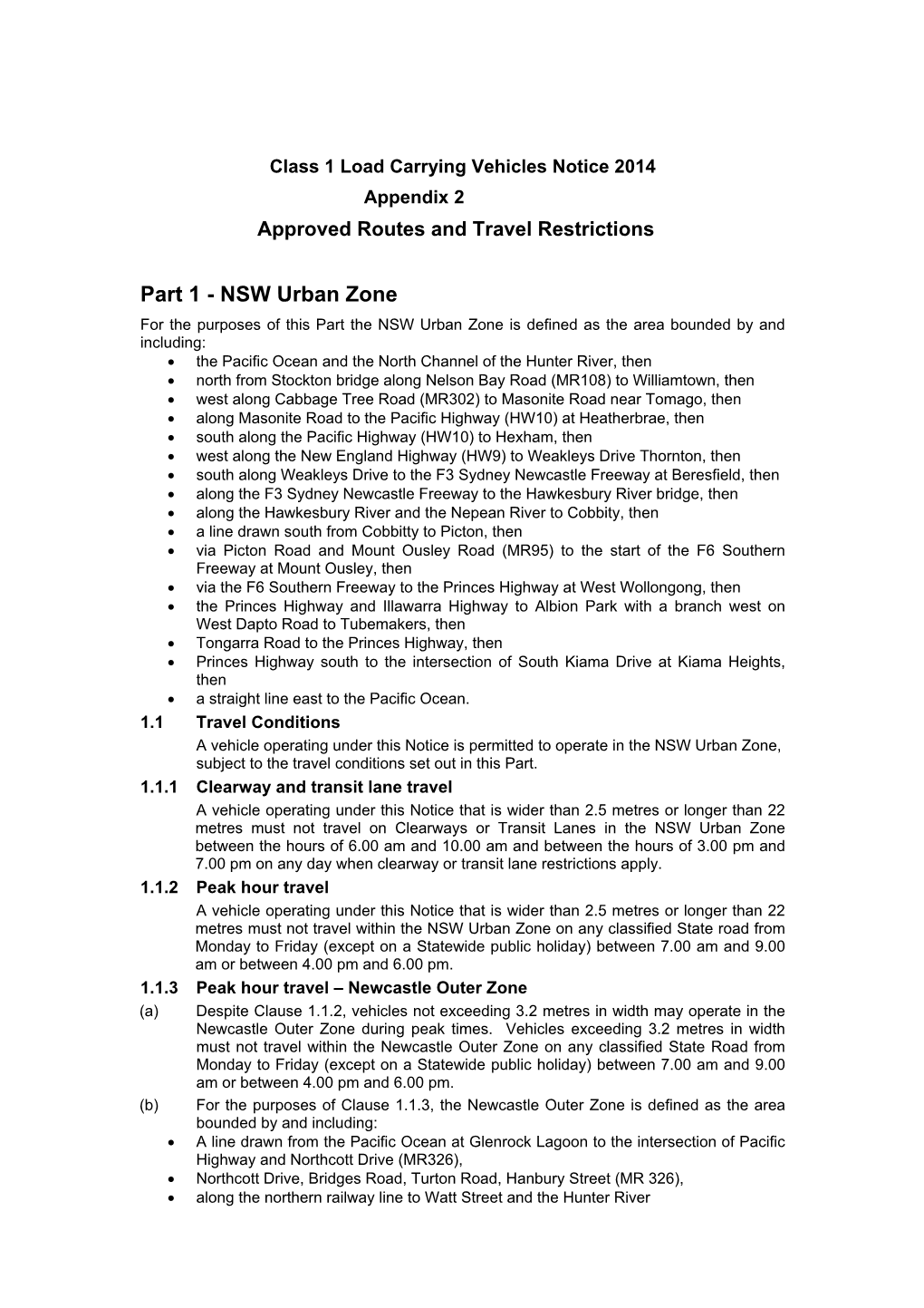 Class 1 Load Carrying Vehicles Notice 2014 Appendix 2 Approved Routes and Travel Restrictions