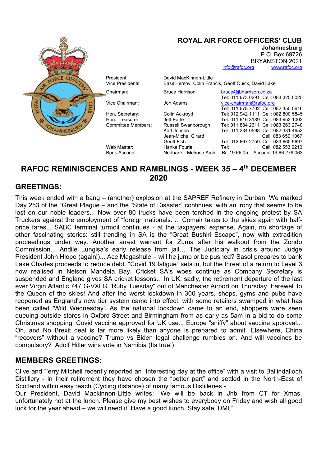 RAFOC REMINISCENCES and RAMBLINGS - WEEK 35 – 4Th DECEMBER 2020 GREETINGS