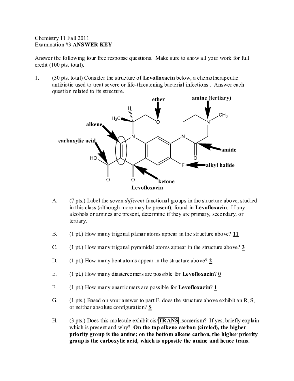 Chemistry 11 Fall 2011 Examination #3 ANSWER KEY