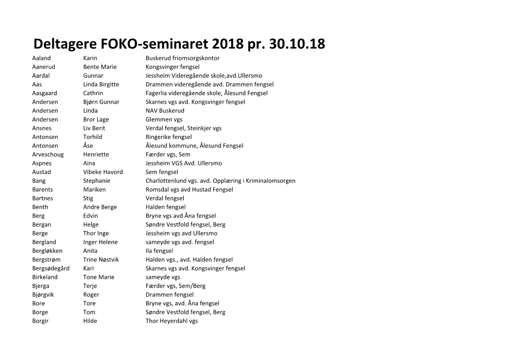 Deltagere FOKO-Seminaret 2018 Pr. 30.10.18