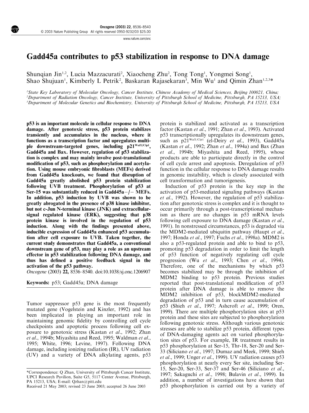 Gadd45a Contributes to P53 Stabilization in Response to DNA Damage