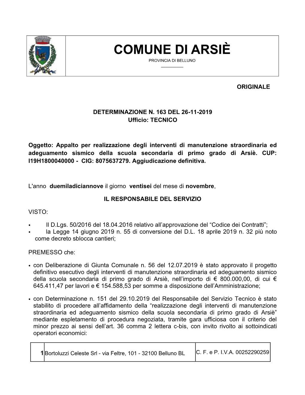 Comune Di Arsiè Provincia Di Belluno ______