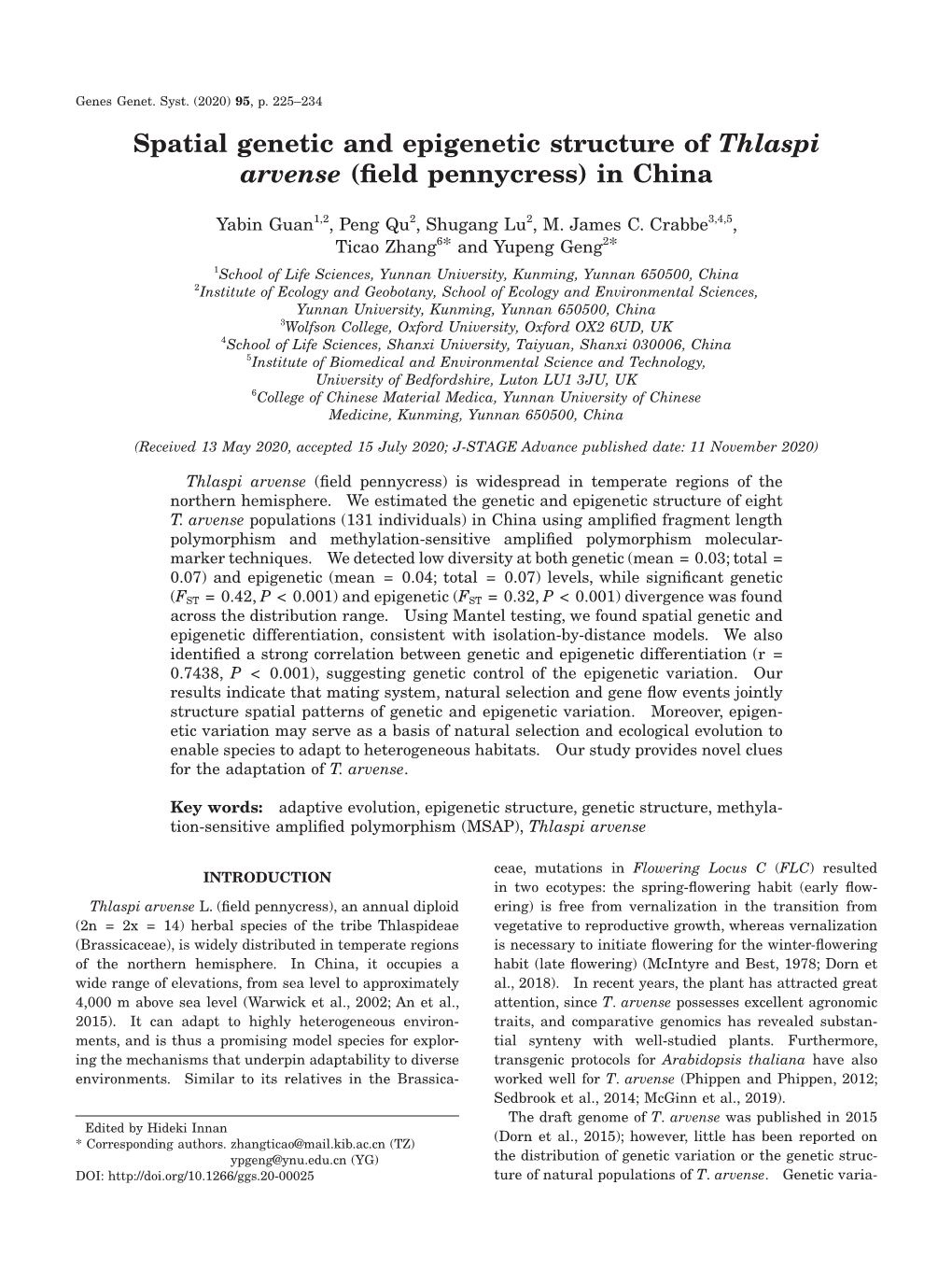 Spatial Genetic and Epigenetic Structure of Thlaspi Arvense (ﬁeld Pennycress) in China