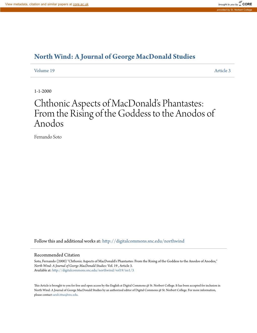 Chthonic Aspects of Macdonald's Phantastes: from the Rising of the Goddess to the Anodos of Anodos