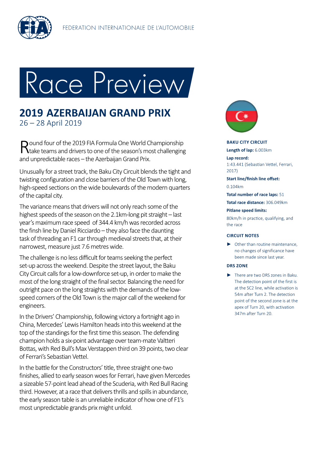 2019 AZERBAIJAN GRAND PRIX 26 – 28 April 2019