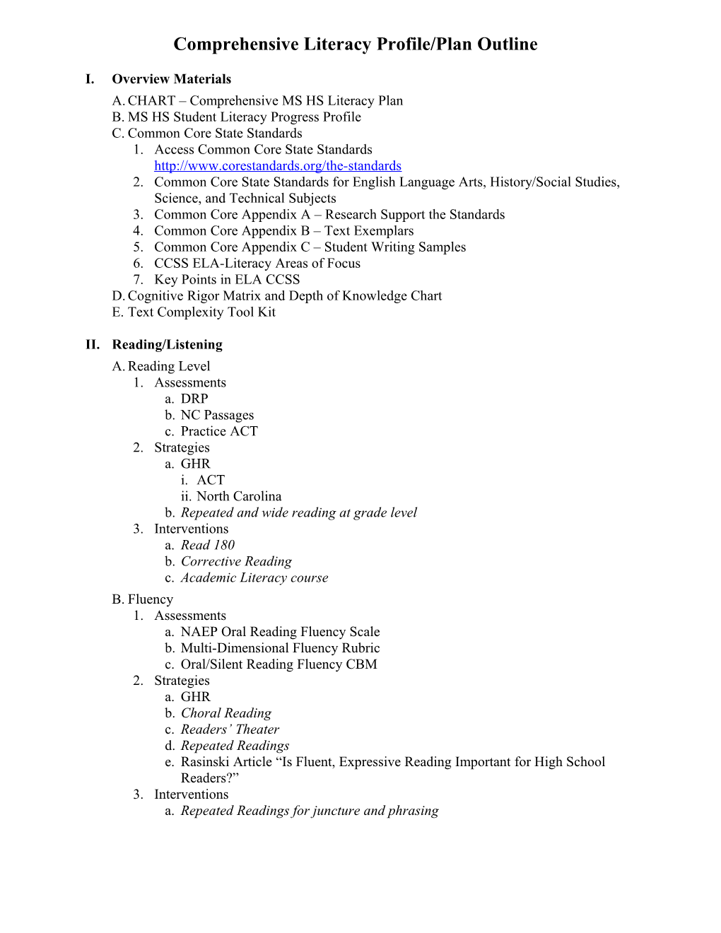 Comprehensive Literacy Profile/Plan