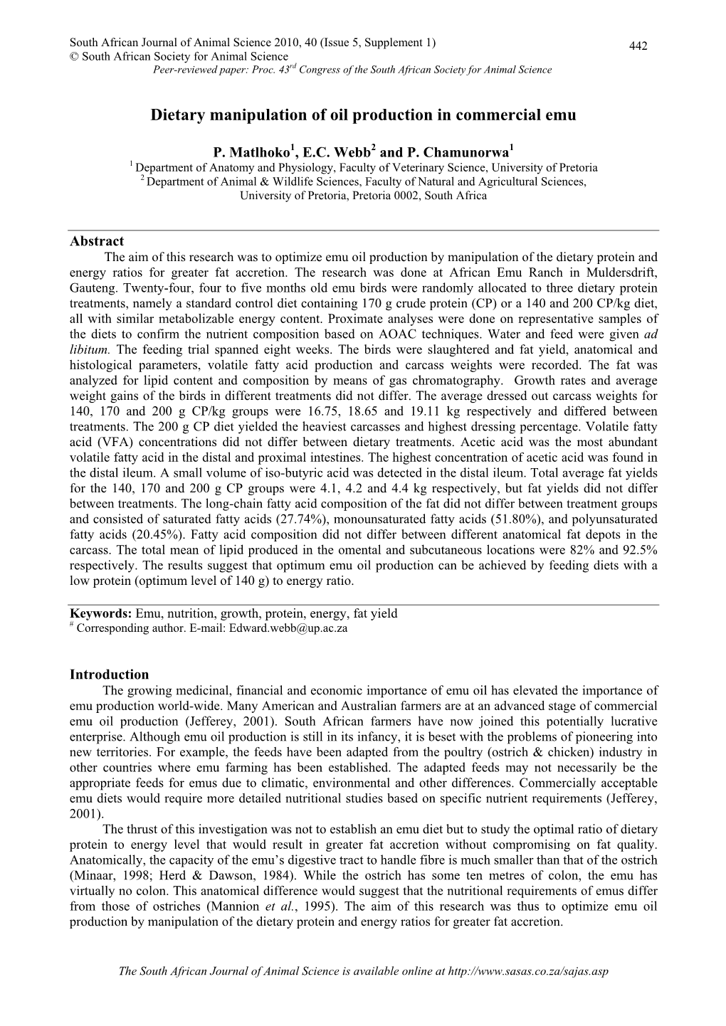 Dietary Manipulation of Oil Production in Commercial Emu