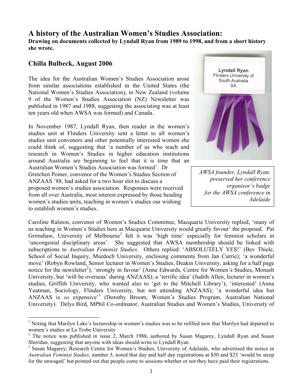 A History of the Australian Women's Studies Association