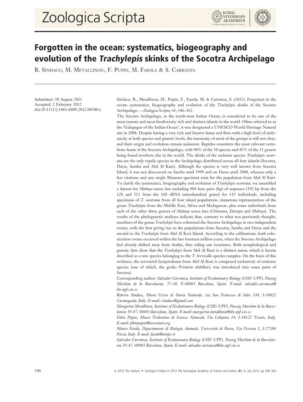 Forgotten in the Ocean: Systematics, Biogeography and Evolution of the Trachylepis Skinks of the Socotra Archipelago