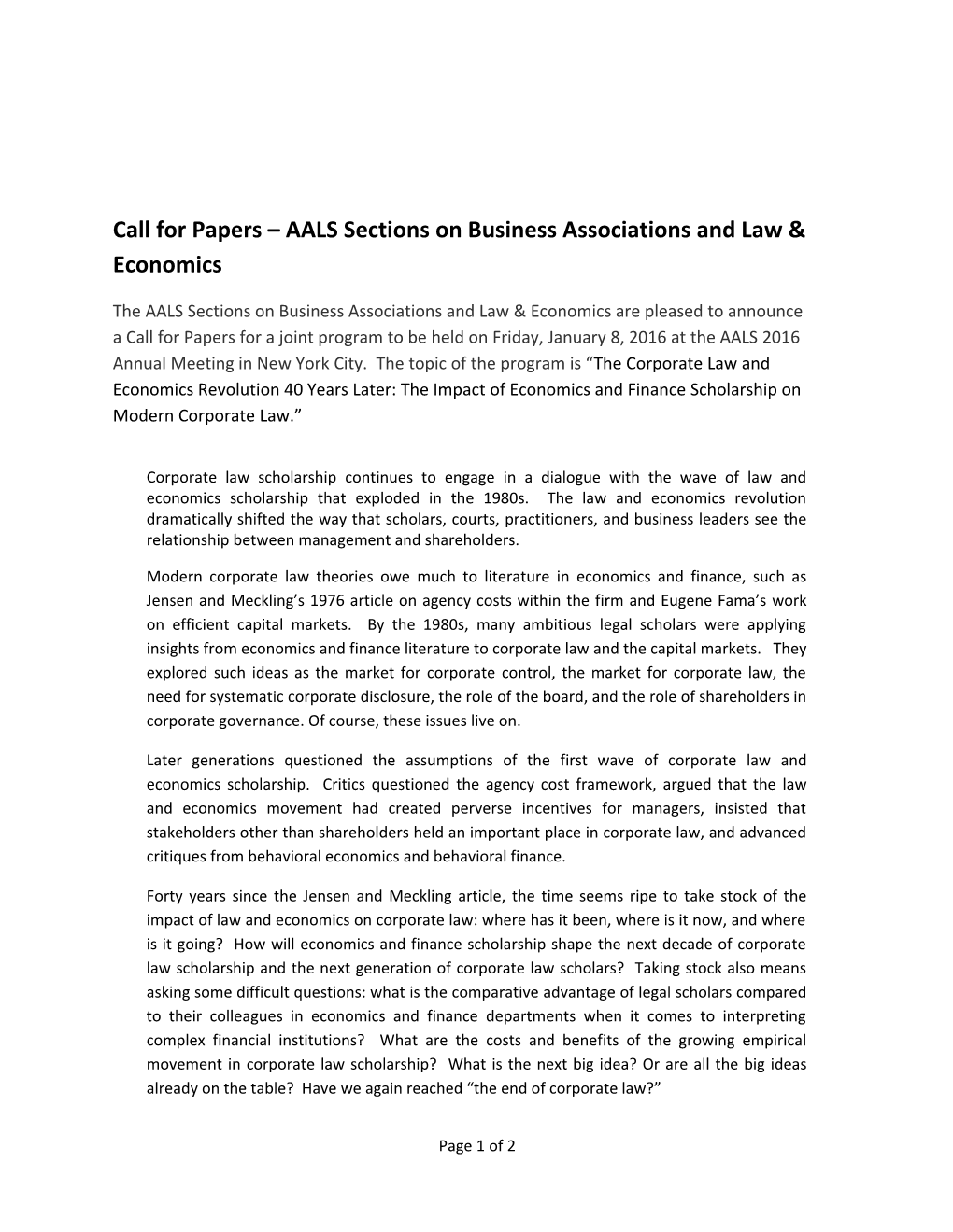 Call for Papers AALS Sections on Business Associations and Law & Economics