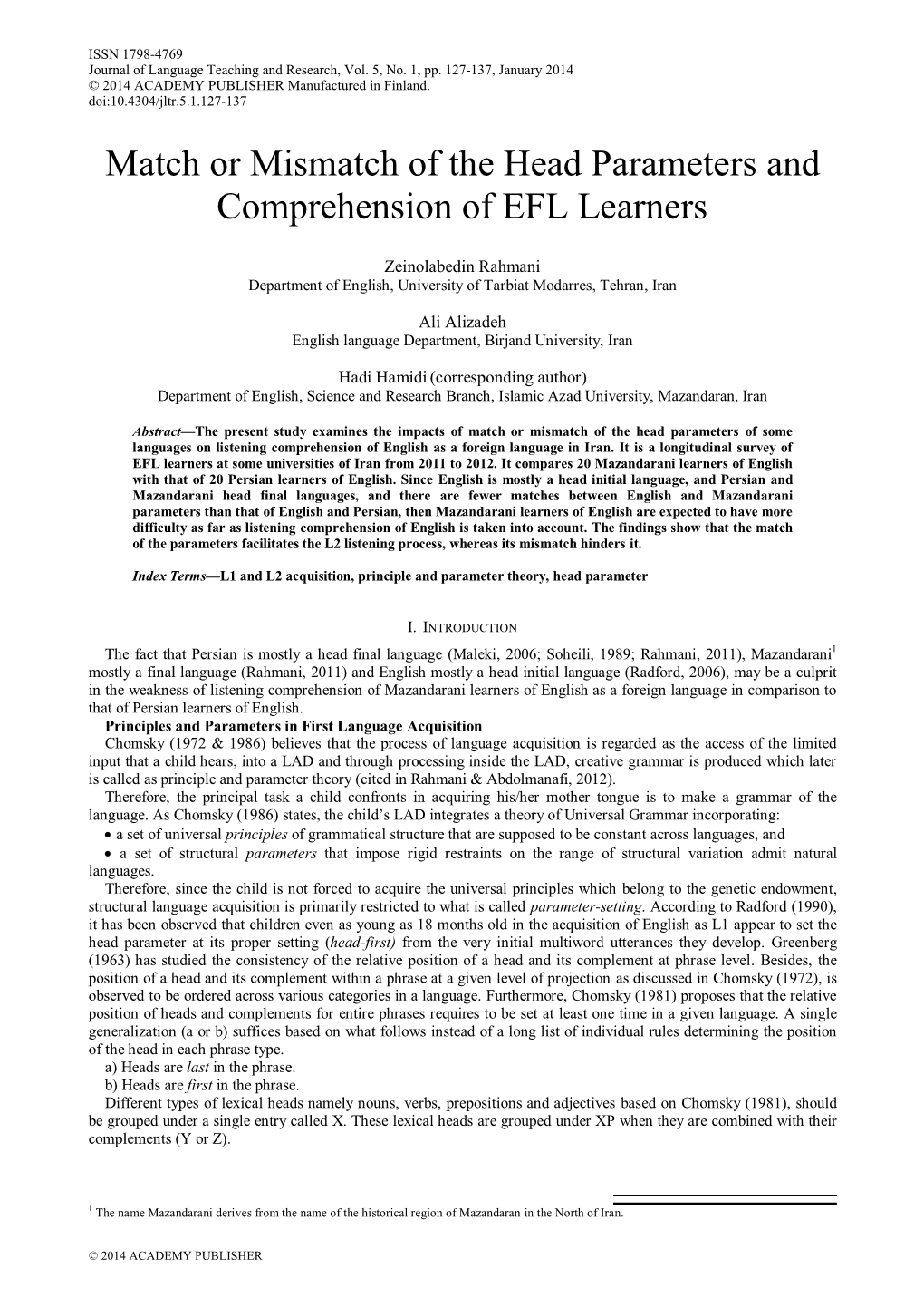 Match Or Mismatch of the Head Parameters and Comprehension of EFL Learners