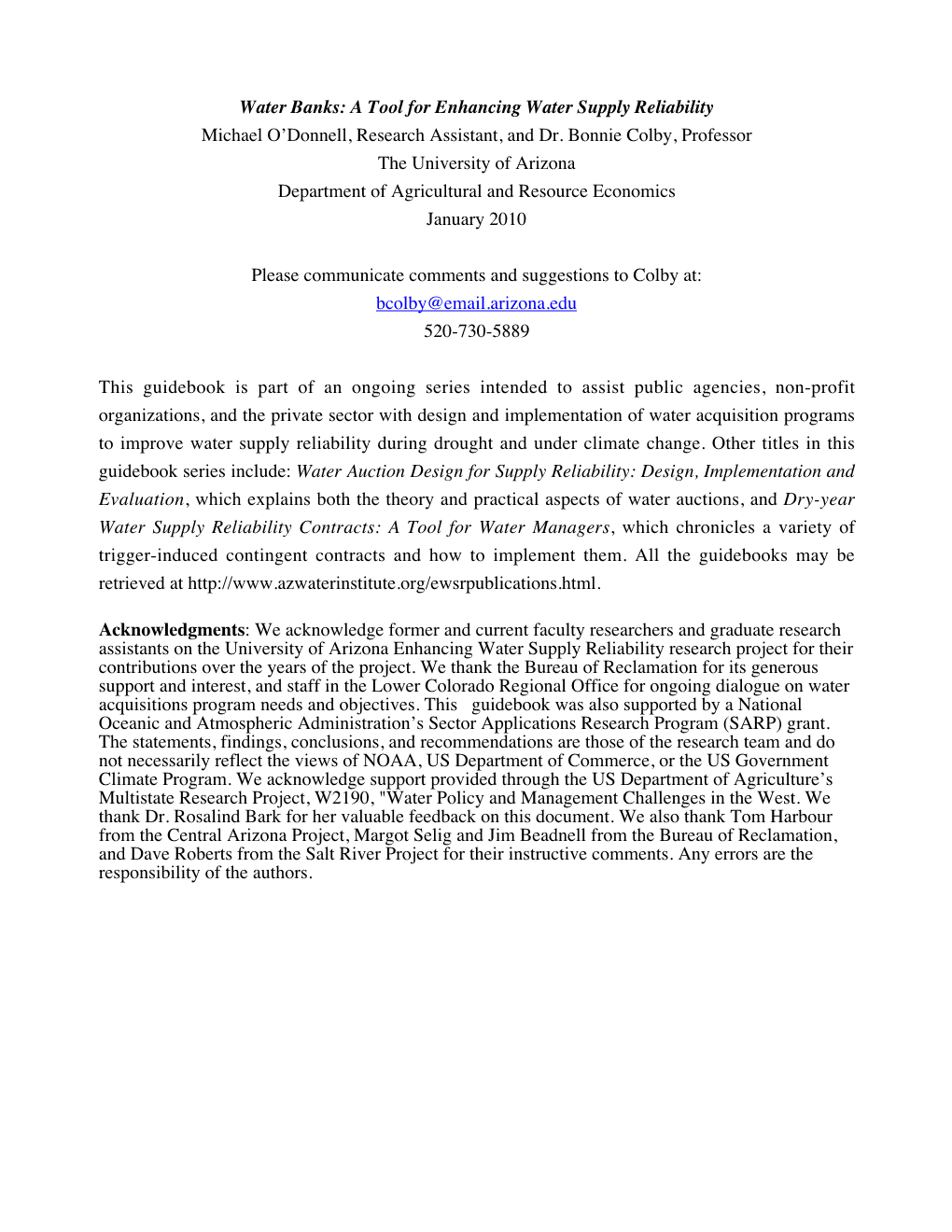 Water Banks: a Tool for Enhancing Water Supply Reliability Michael O’Donnell, Research Assistant, and Dr