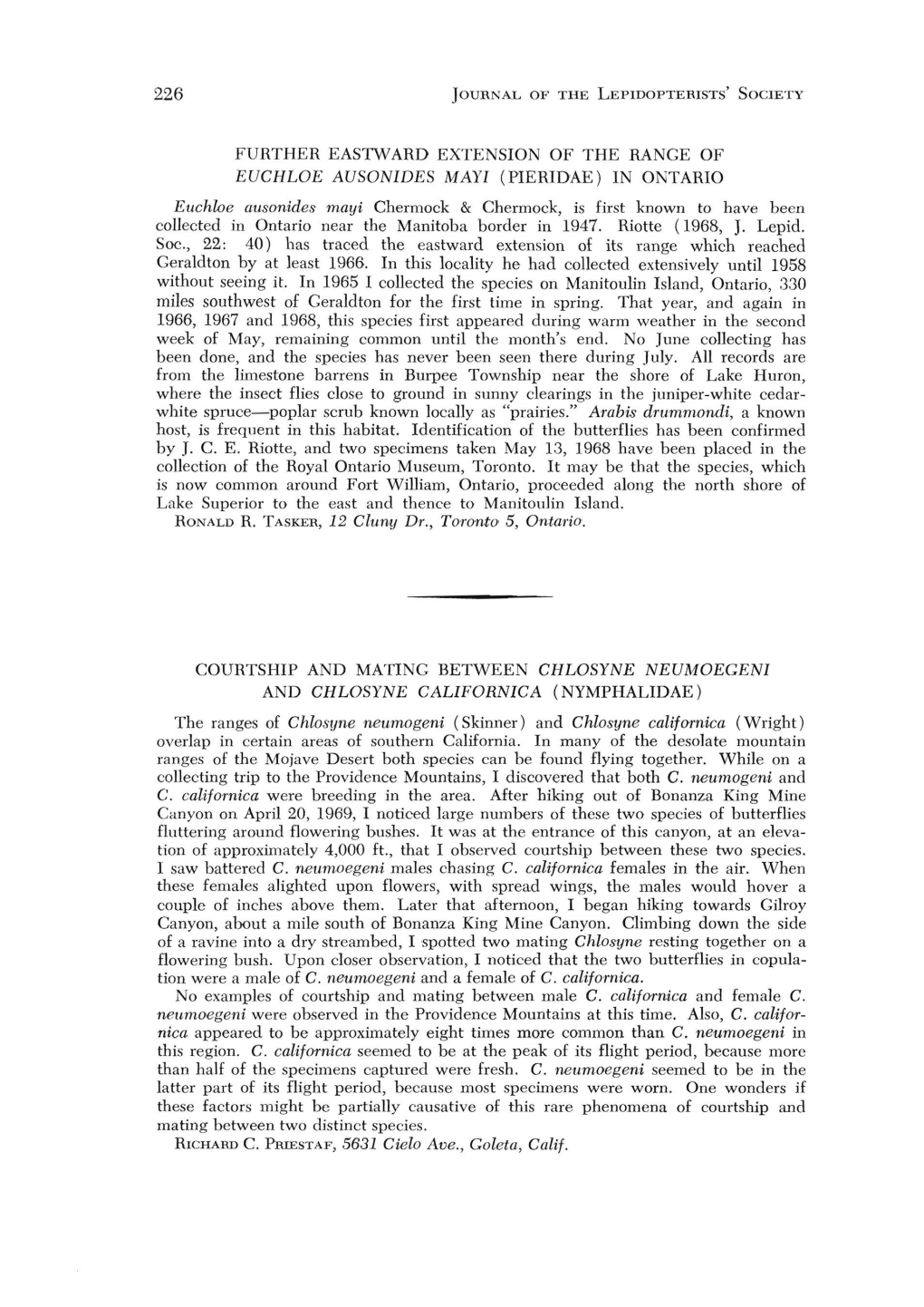 226 FURTHEH EASTWARD EXTENSION of the RANGE of EUCHLOE AUSONIDES MAY! (PIERIDAE) in OKTARIO Euchloe Ausonides Mayi Chermock &