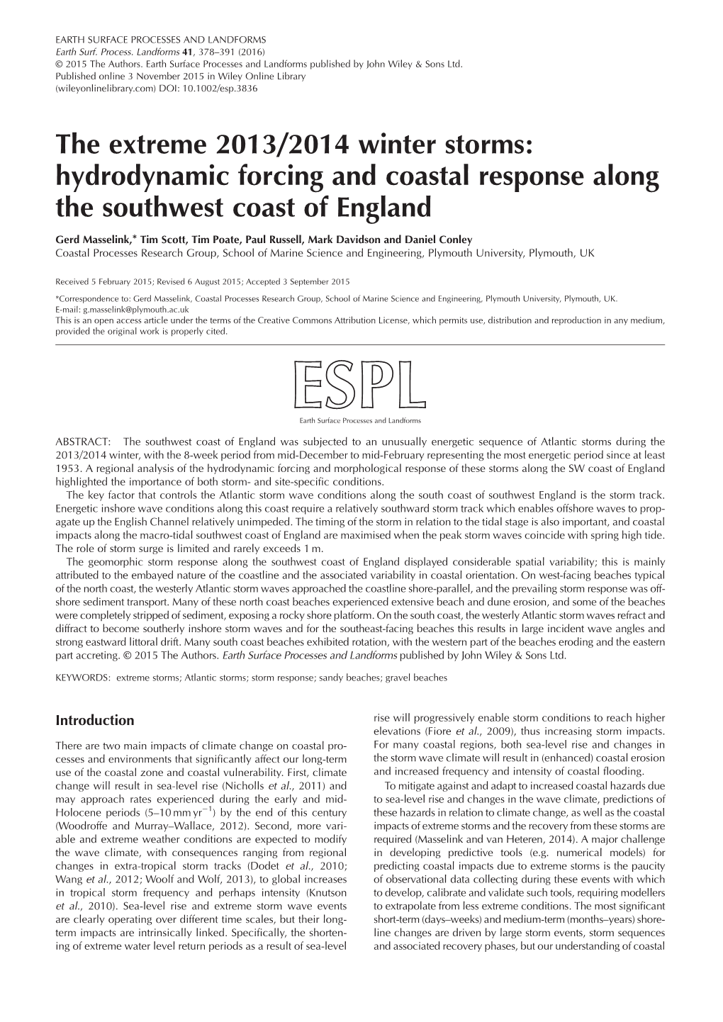 The Extreme 2013/2014 Winter Storms: Hydrodynamic Forcing and Coastal Response Along the Southwest Coast of England