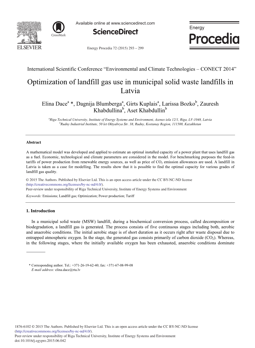 Optimization of Landfill Gas Use in Municipal Solid Waste Landfills in Latvia