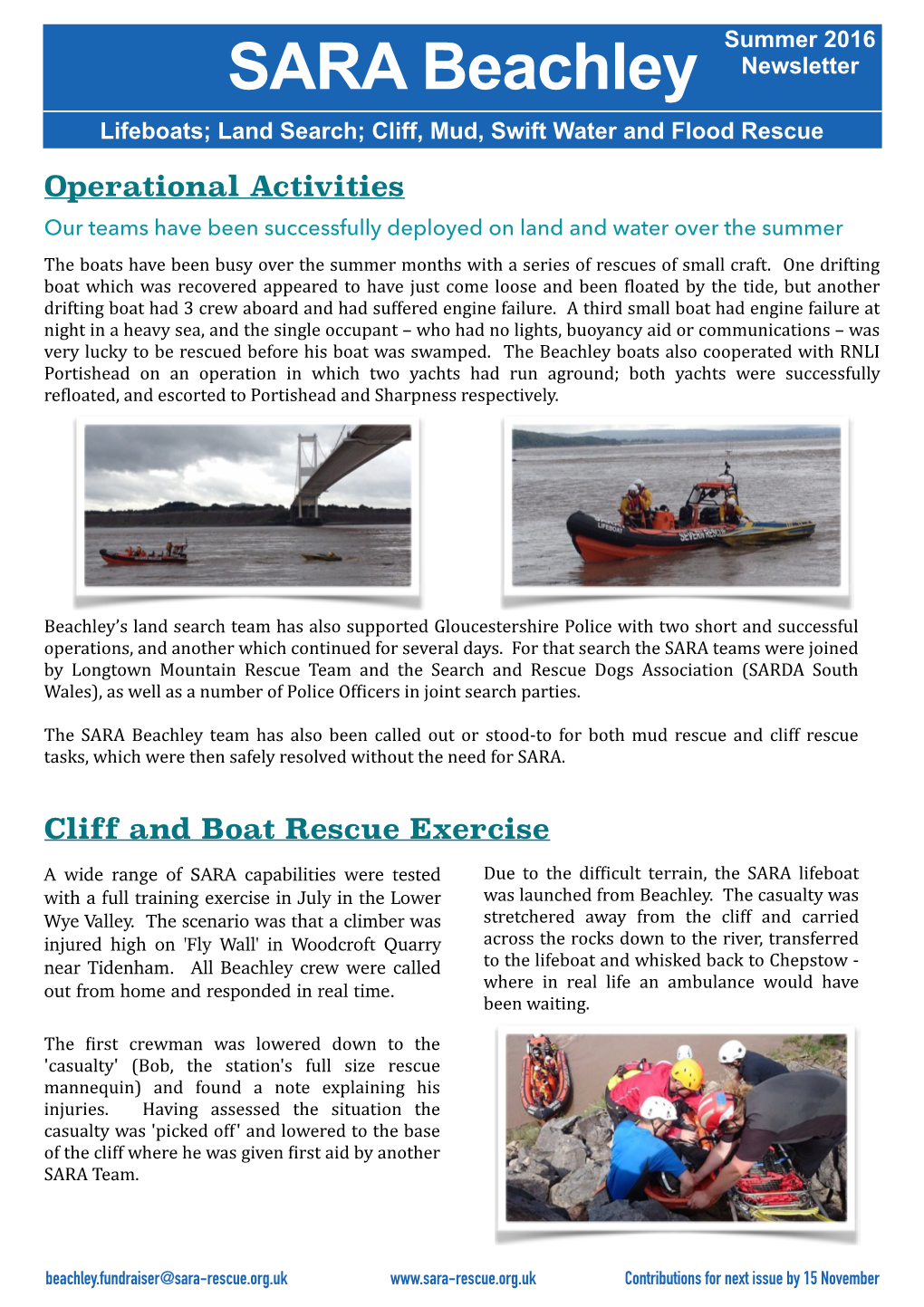 Summer 2016 SARA Beachley Newsletter Lifeboats; Land Search; Cliff, Mud, Swift Water and Flood Rescue
