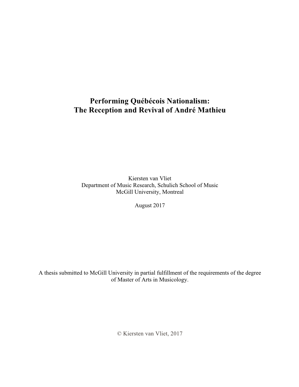 Van Vliet Department of Music Research, Schulich School of Music Mcgill University, Montreal