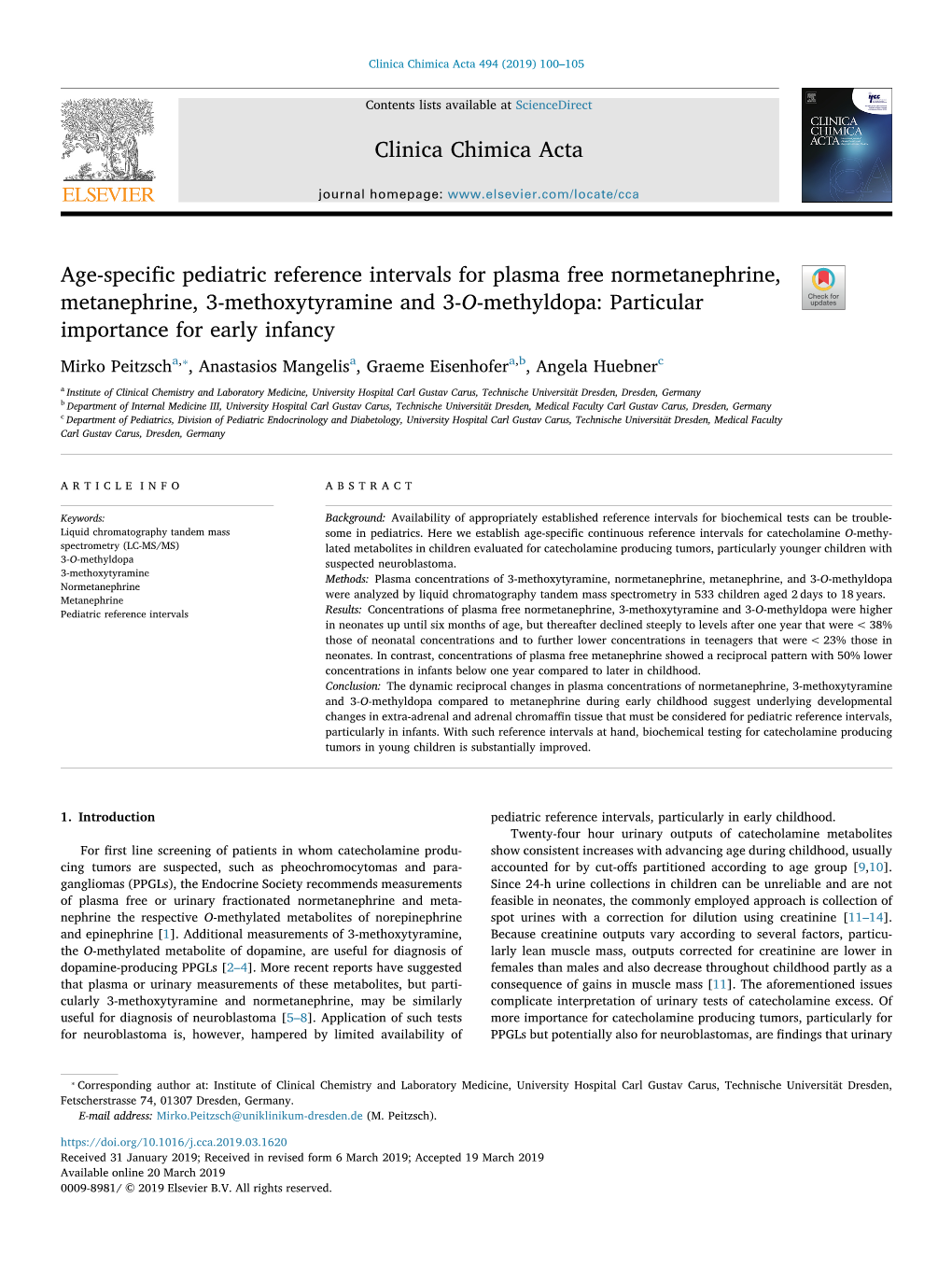 Age-Specific Pediatric Reference Intervals for Plasma Free Normetanephrine, Metanephrine, 3-Methoxytyramine and 3-O-Methyldopa