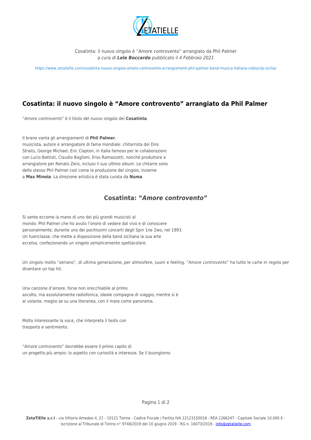 Cosatinta: Il Nuovo Singolo È “Amore Controvento” Arrangiato Da Phil Palmer a Cura Di Lele Boccardo Pubblicato Il 4 Febbraio 2021