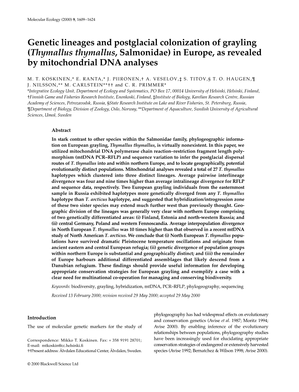 Genetic Lineages and Postglacial Colonization