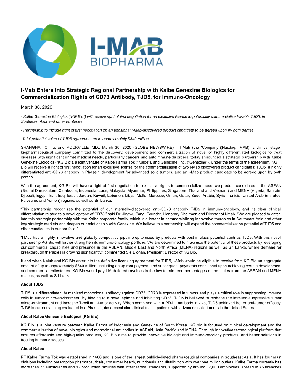 I-Mab Enters Into Strategic Regional Partnership with Kalbe Genexine Biologics for Commercialization Rights of CD73 Antibody, TJD5, for Immuno-Oncology