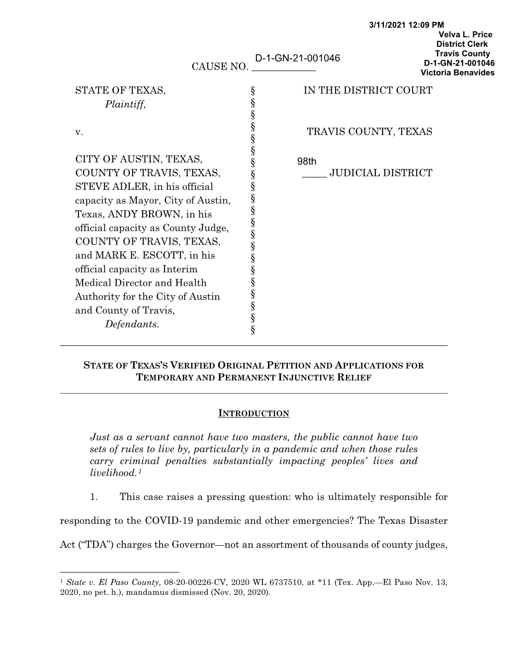 CAUSE NO. ___STATE of TEXAS, Plaintiff, V. CITY of AUSTIN, TEXAS, COUNTY of TRAVIS, TEXAS, STEVE ADLER, in His Offic