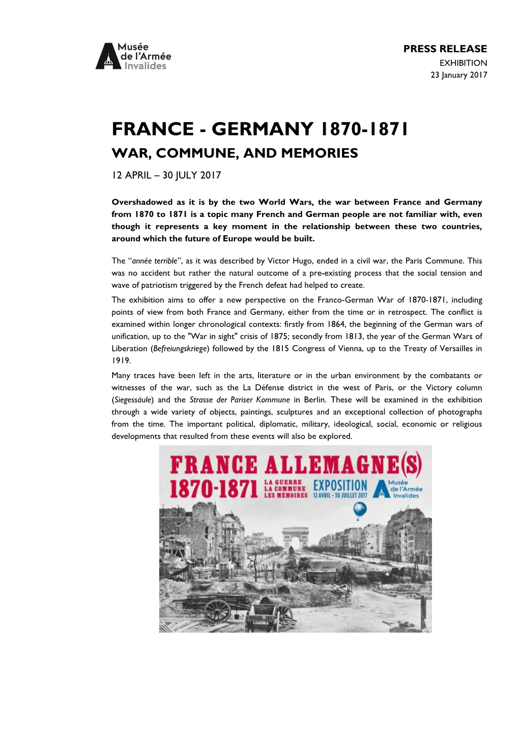 France - Germany 1870-1871 War, Commune, and Memories 12 April – 30 July 2017