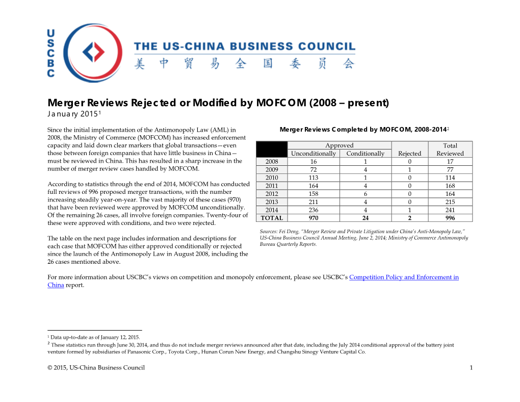 Merger Reviews Rejected Or Modified by MOFCOM (2008–Present)