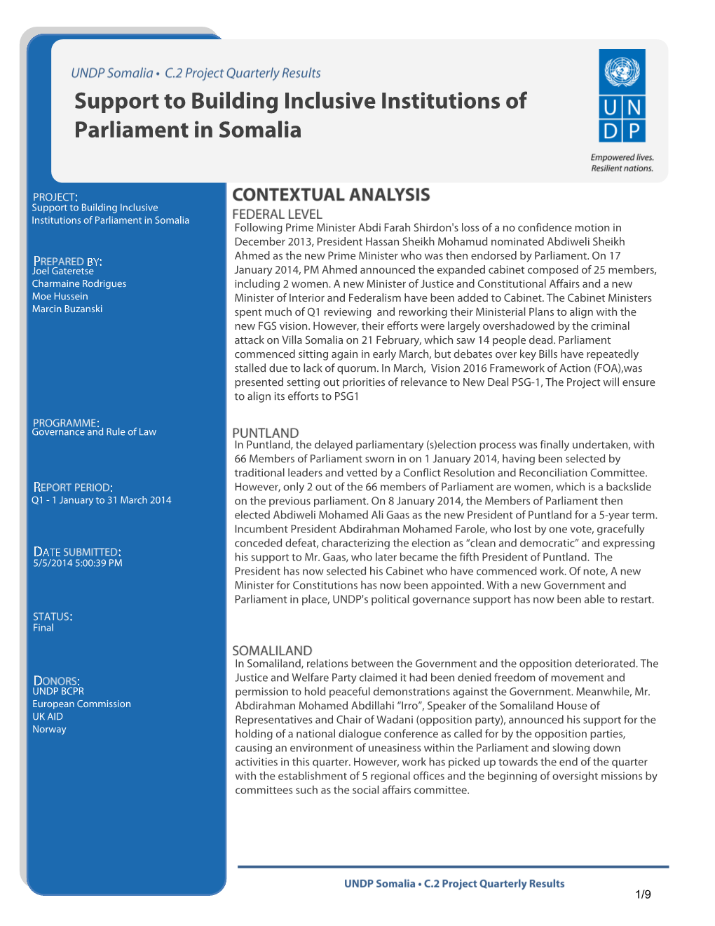 Support to Building Inclusive Institutions of Parliament in Somalia