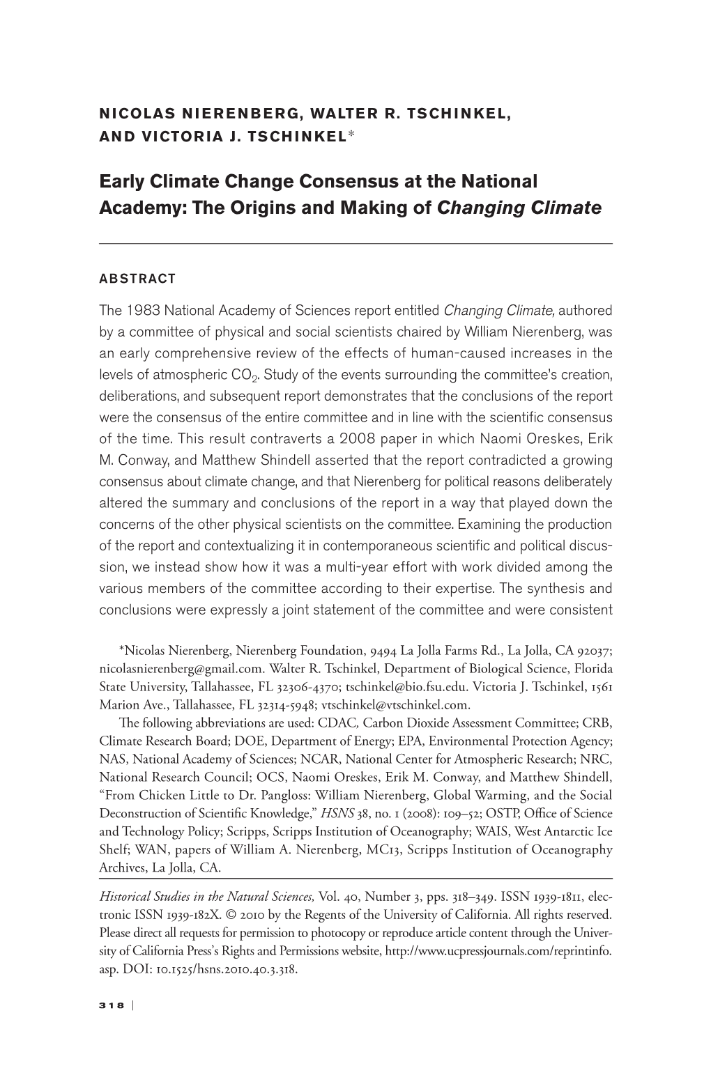 Early Climate Change Consensus at the National Academy: the Origins and Making of Changing Climate