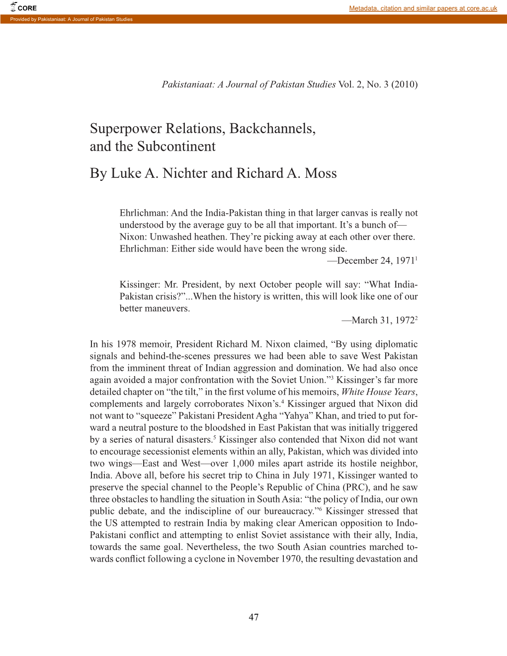 Superpower Relations, Backchannels, and the Subcontinent by Luke A