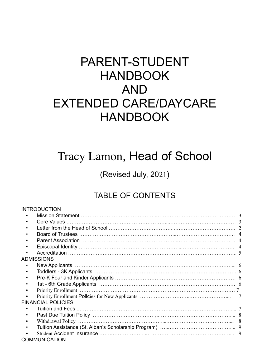 2021 Parent Student Handbook