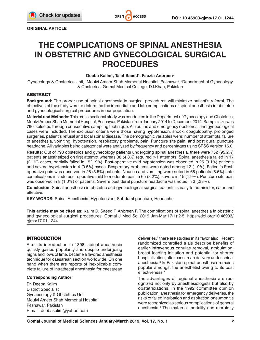 The Complications of Spinal Anesthesia in Obstetric and Gynecological Surgical Procedures