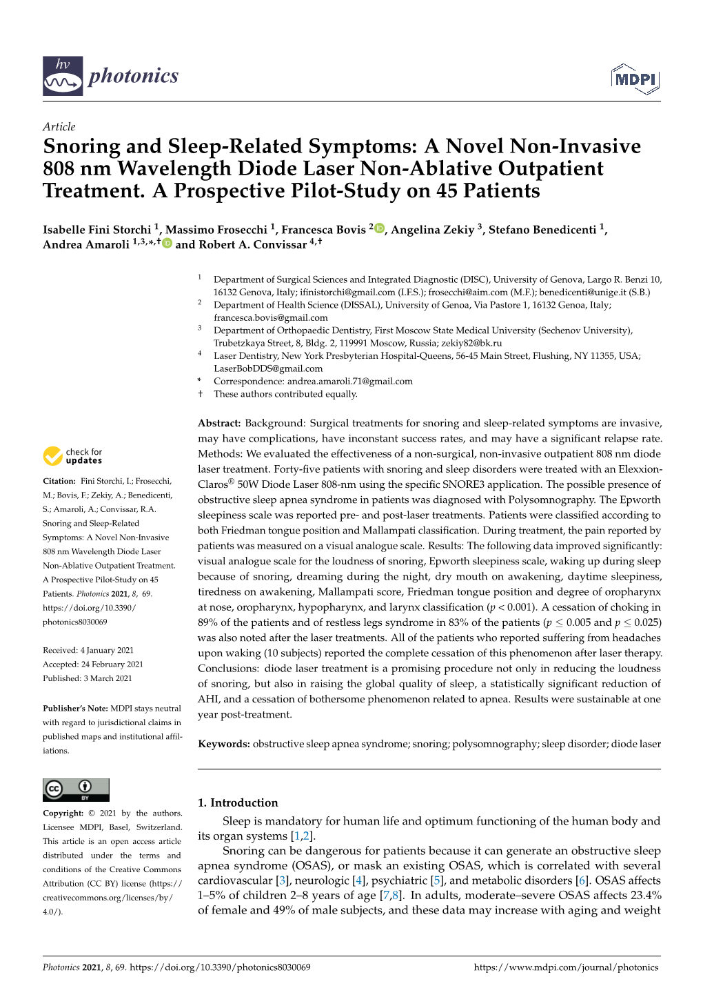Snoring and Sleep-Related Symptoms: a Novel Non-Invasive 808 Nm Wavelength Diode Laser Non-Ablative Outpatient Treatment